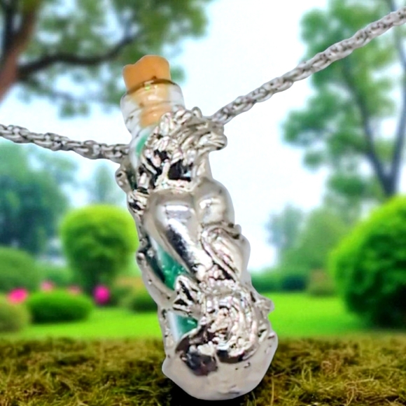 None Jewelry - Silver Green Fairy Glitter Bottle Heart Pendant Necklace 24in